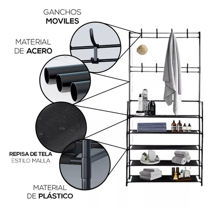 Zapatero Perchero Ganchos Organizador Metálico 5 Niveles – Color Negro