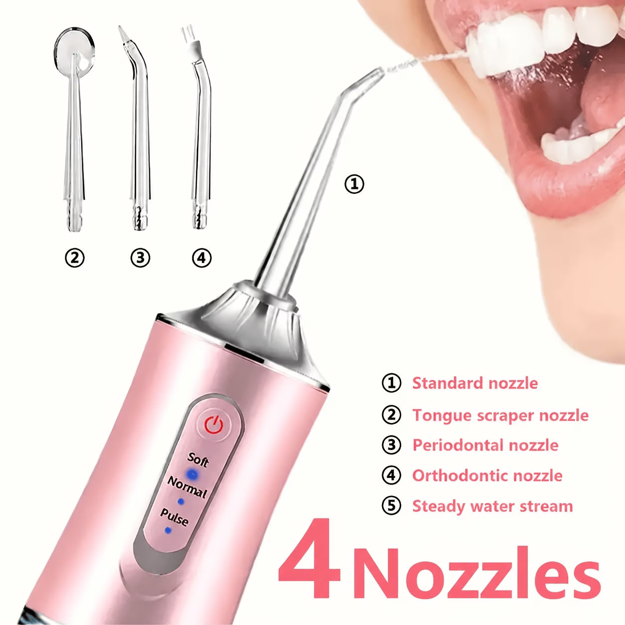 Irrigador Oral Recargable USB con 4 Boquillas 💦🦷 ✨ Consigue una limpieza bucal más profunda