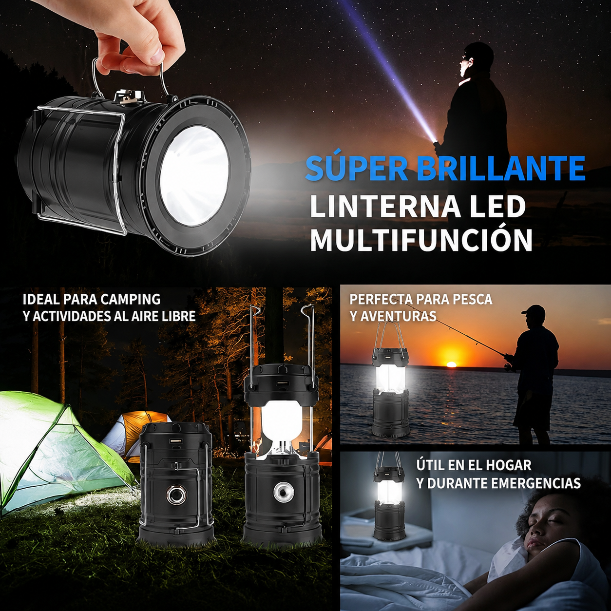🔦 Linterna LED Multifunción Solar y Recargable 🌙 ¡No permitas que un apagón te deje completamente a oscuras!