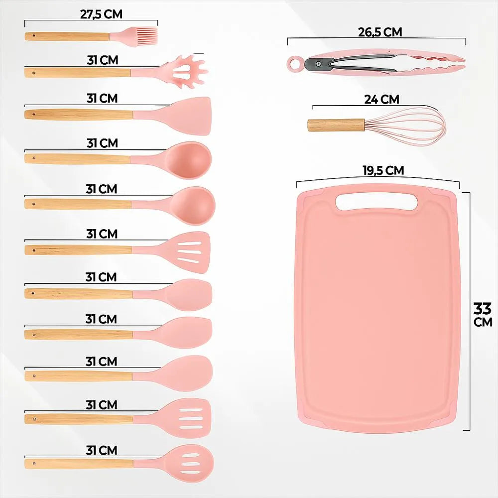 🍳✨ Set de Utensilios de Cocina Madera & Silicona – 19 Piezas