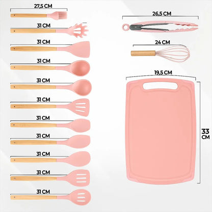 🍳✨ Set de Utensilios de Cocina Madera & Silicona – 19 Piezas