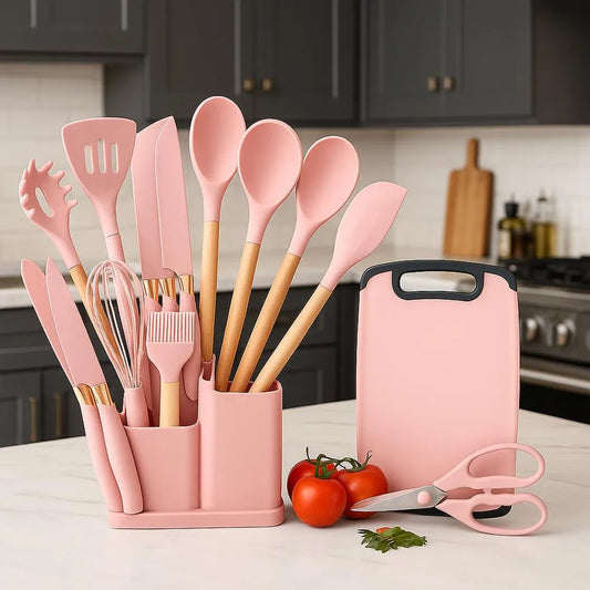 🍳✨ Set de Utensilios de Cocina Madera & Silicona – 19 Piezas